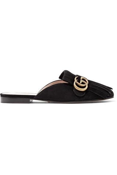 Gucci - Marmont Fringed Suede Slippers - Black | NET-A-PORTER (UK & EU)