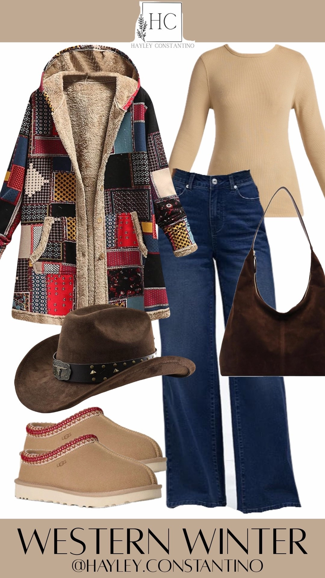 This western winter outfit blends cozy textures with bold, rustic personality — perfect for a modern cowgirl aesthetic.
The statement piece is the patchwork shearling-lined coat, mixing heritage-inspired prints with a soft, plush interior that brings both warmth and visual impact. Layered underneath, the ribbed camel knit hugs the body with clean, minimal lines, balancing the busyness of the coat.
High-rise, wide-leg dark denim adds a vintage western silhouette while keeping the look grounded and effortless. The suede slouchy shoulder bag and brown cowboy hat lean into that rugged, ranch-ready vibe, adding classic western authenticity.
Finished off with easy-to-wear UGG clogs, the outfit stays practical and comfortable while still feeling styled and on trend.

Warm • Textured • Boho-Western • Cozy-Core • Modern Frontier

#LTKTall #LTKootd #LTKOver40