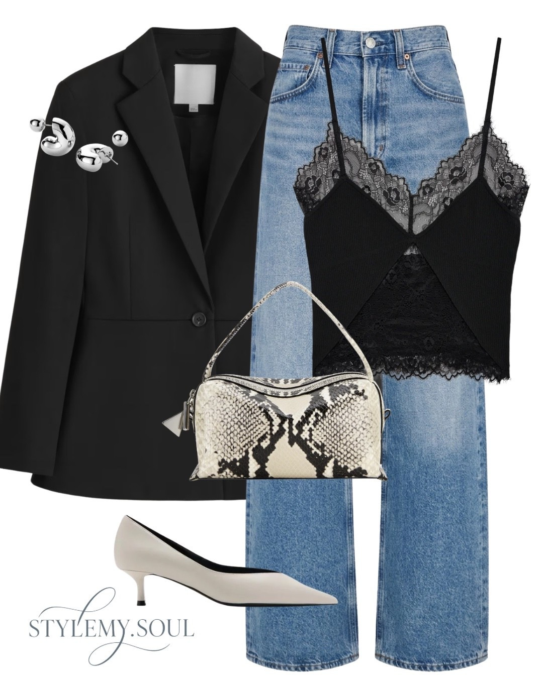 Black blazer jeans white shoes, lace top, snake bag

#LTKpartywear #LTKautumn #LTKworkwear