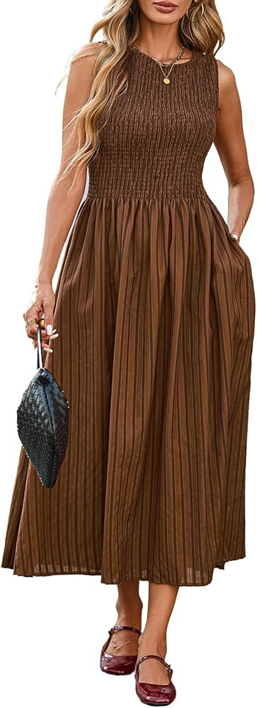 Women's Summer Striped Sleeveless Maxi Dress Smocked Swing A Line Beach Vacation Dress with Pocke... | Amazon (US)