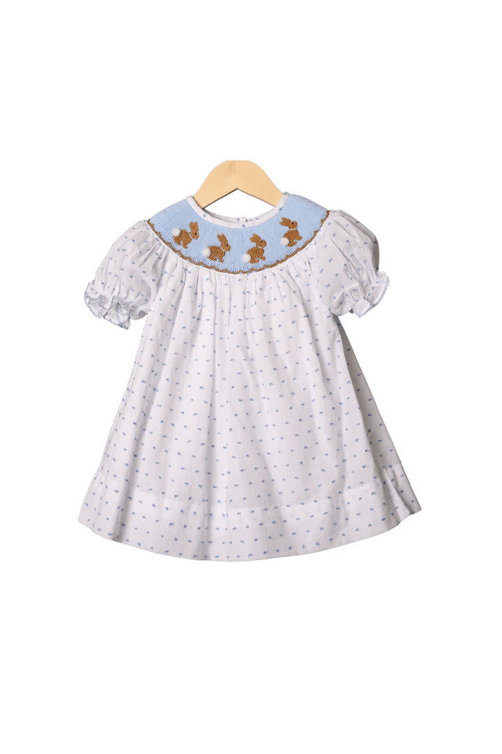 Smocked Blue Swiss Dot Bunny Bow Dress | The Smocked Flamingo