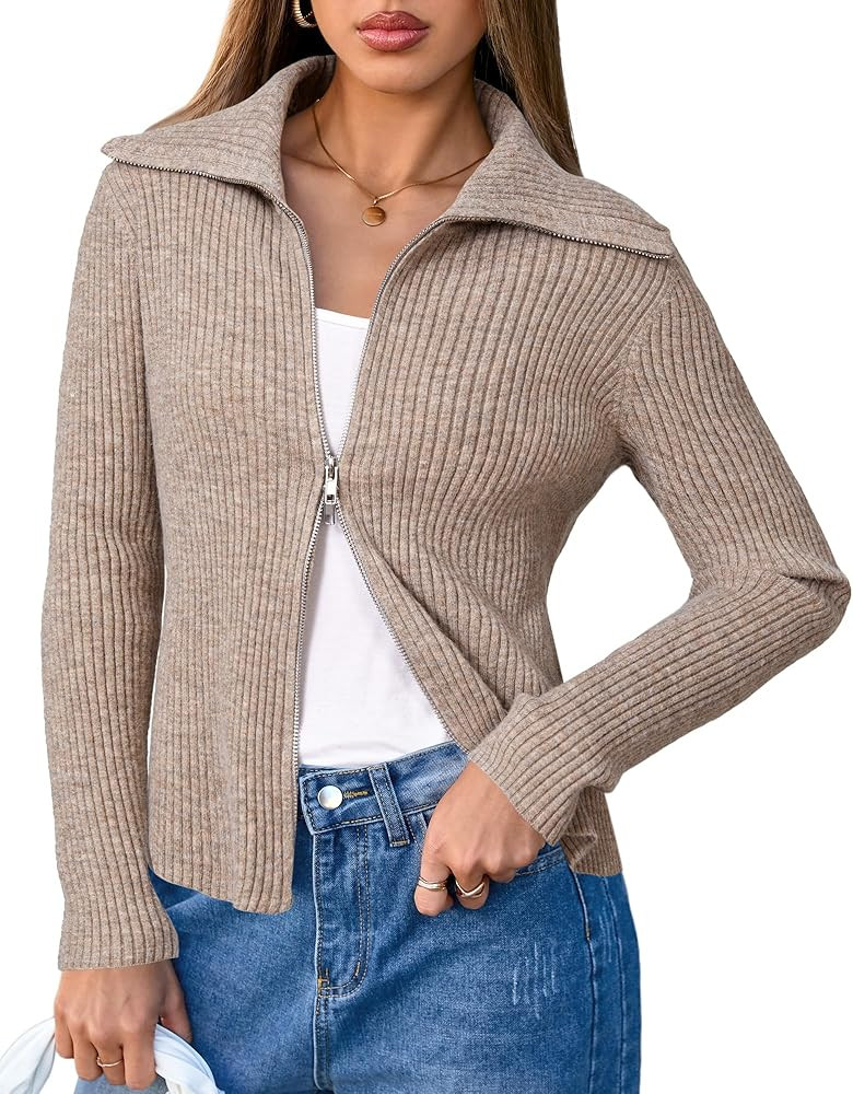 Arach&Cloz Women's Wool Blend Fall Fashion Zip Up Cardigan Sweaters 2025 Trendy | Amazon (US)