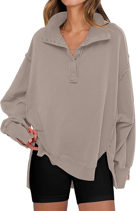 ANRABESS Women's Sweatshirts Oversized Casual Loose Button Up Henley Pullover Top High Low Split ... | Amazon (US)
