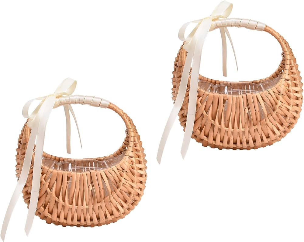 2 PCS Rattan Flower Baskets Half Moon Wicker Basket Willow Straw Basket Small Flower Girl Basket ... | Amazon (US)