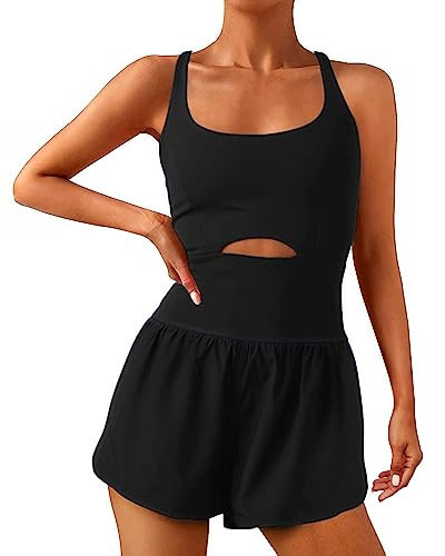 Womens Workout Athletic Romper Padded Bras One Piece Workout Outfits Exercise Jumpsuit Gym Exercise Running Onesie, Black | Amazon (US)