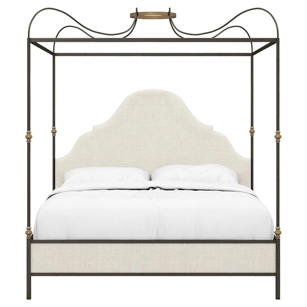 Beatrice Updated Traditional Beige Performance Iron & Brass Canopy Bed - Queen | Kathy Kuo Home
