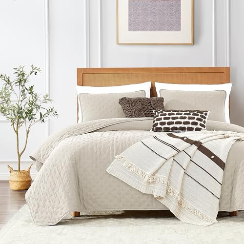 ROARINGWILD Beige King Size Quilt Bedding Set with 2 Pillow Shams, Lightweight Soft Microfiber Bedspread Coverlet, Thin Comforter Bed Cover for All Season, 3 Pieces, 104x90 inches | Amazon (CA)
