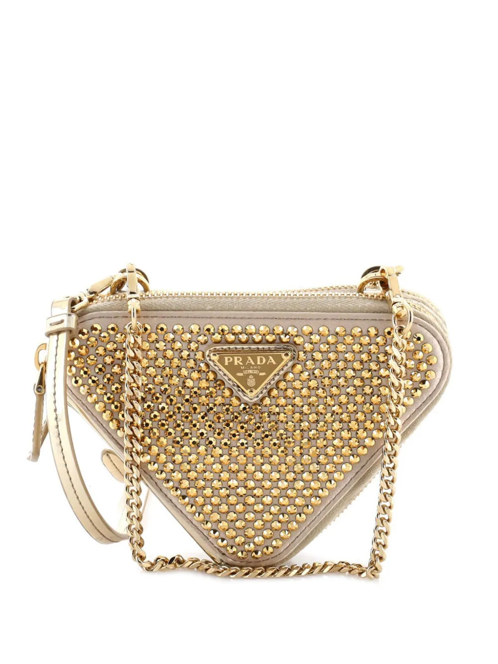 Prada Pre-Owned Triangle Double Pouch Crystal Embellished Satin Mini crossbody bag - Neutrals | Farfetch Global