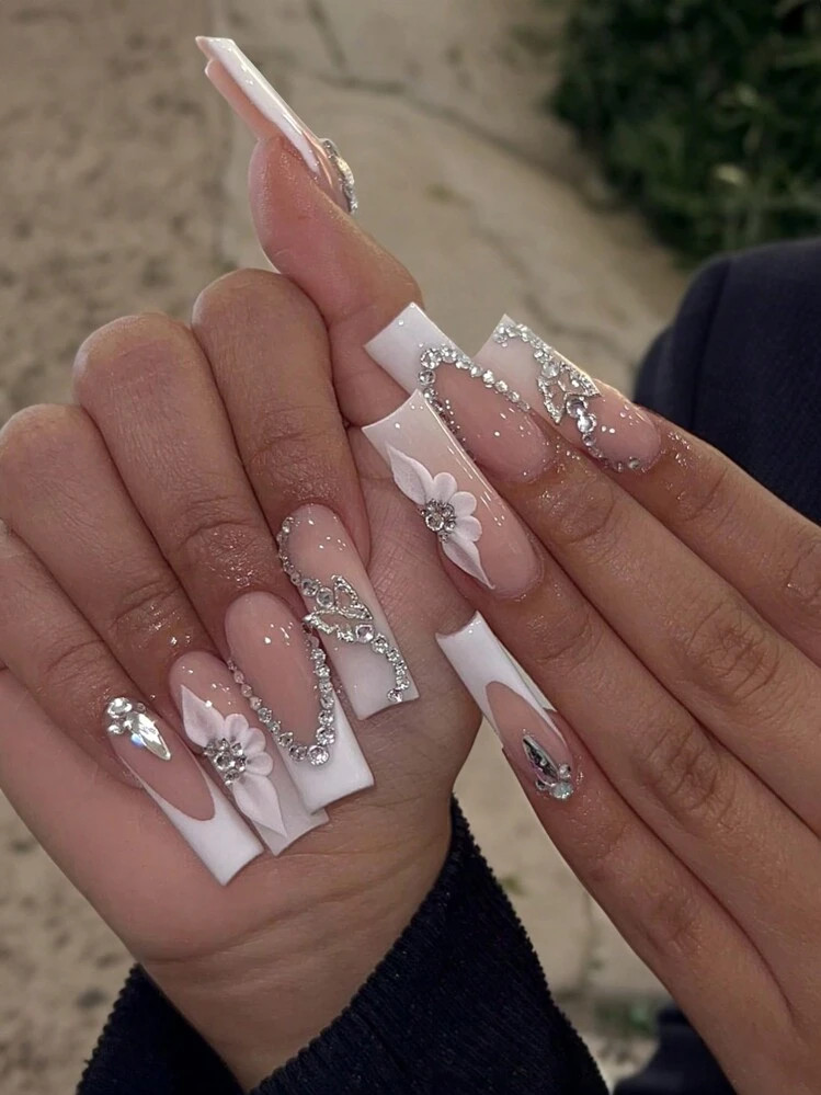 24pcs Rectangle Adhesive Nail Stickers, White French 3D Butterfly Crystal Decor, Camellia Pattern, White Ombre False Nails, Nail Art Supplies For Women And Girls | SHEIN