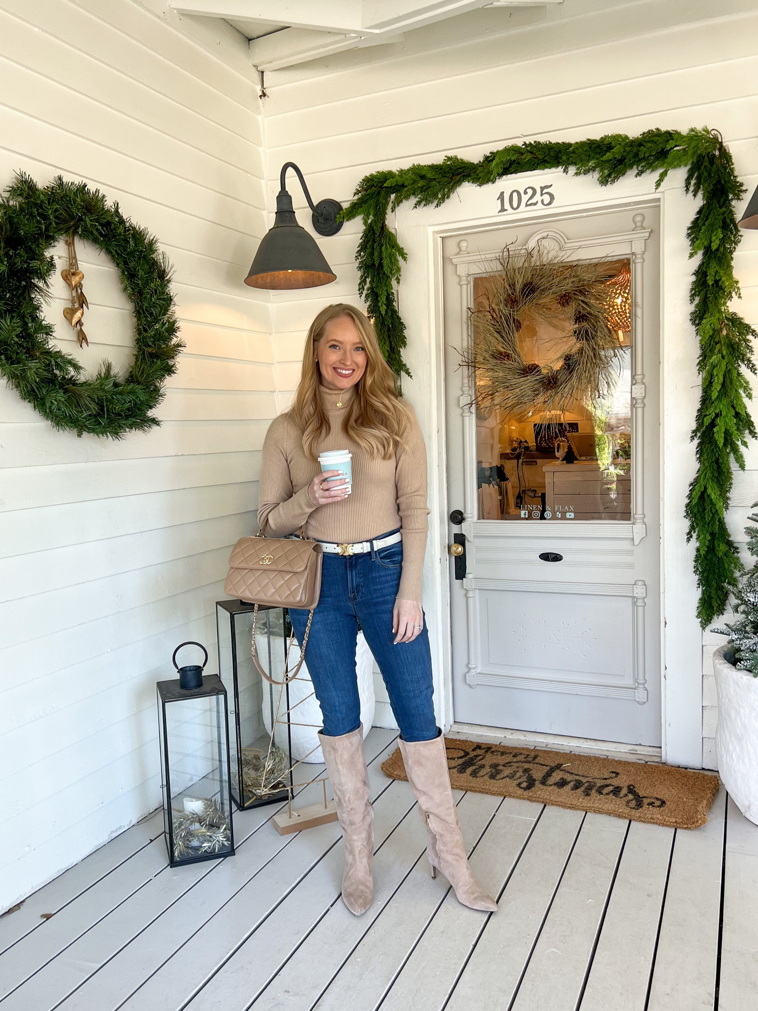Neutral fall outfit // tan bodysuit sweater // skinny jeans with knee high boots 