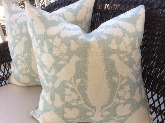 Schumacher Pillow Cover in "Chenonceau" Birds and Botanicals Aquamarine Blue and Ivory Linen, Coordi | Etsy (US)