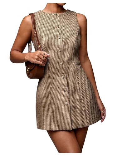 SOLY HUX Women's Plaid Button Down Dress Crew Neck Sleeveless Tie Back Work Office Mini Dresses | Amazon (US)