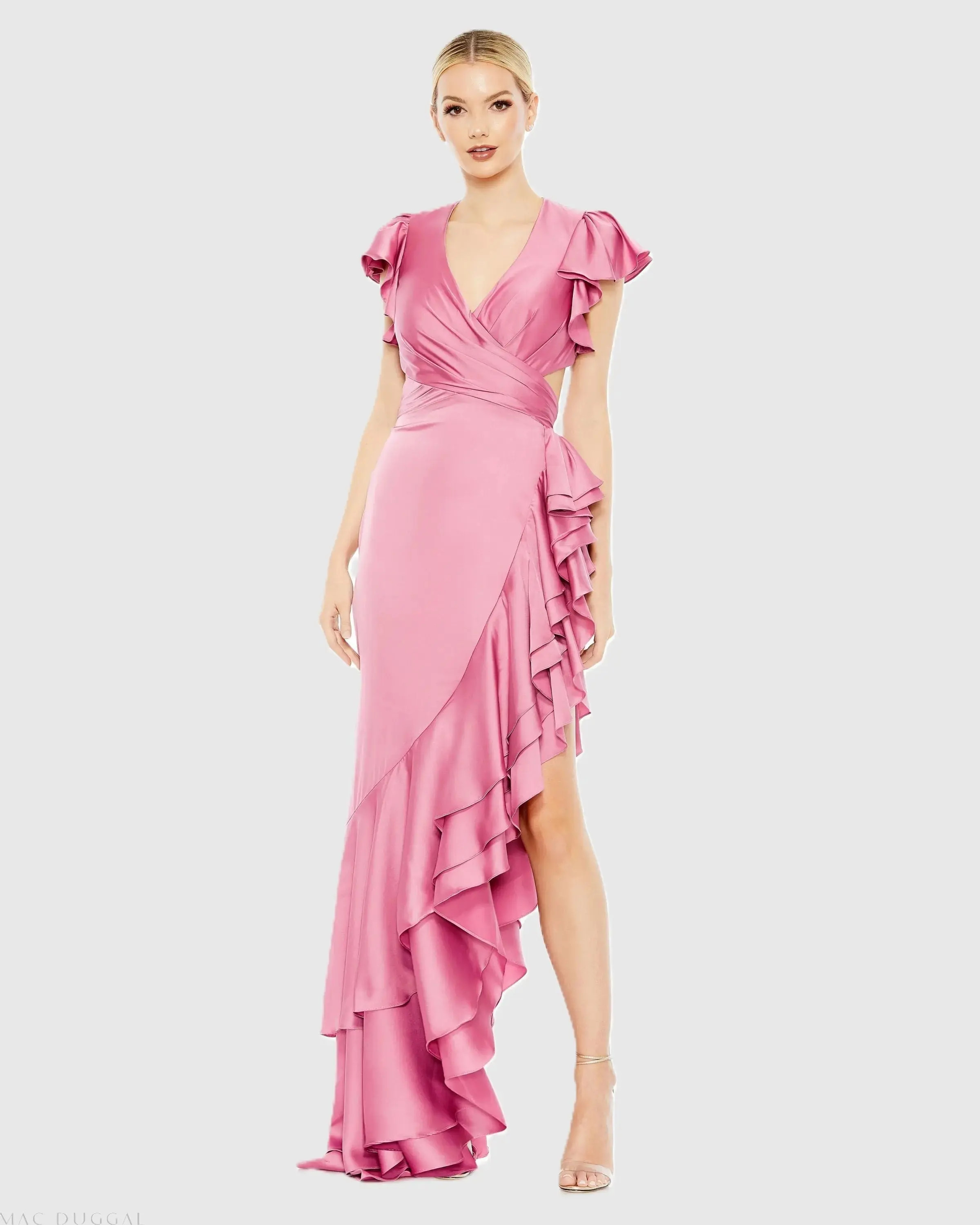 Pink Flutter Sleeve Cut Out Asymmetrical Ruffled Gown - Mac Duggal | Mac Duggal