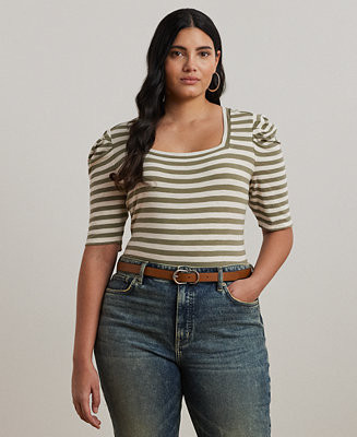 Lauren Ralph Lauren Plus Size Striped Cotton Jersey Puff-Sleeve Tee - Macy's | Macy's