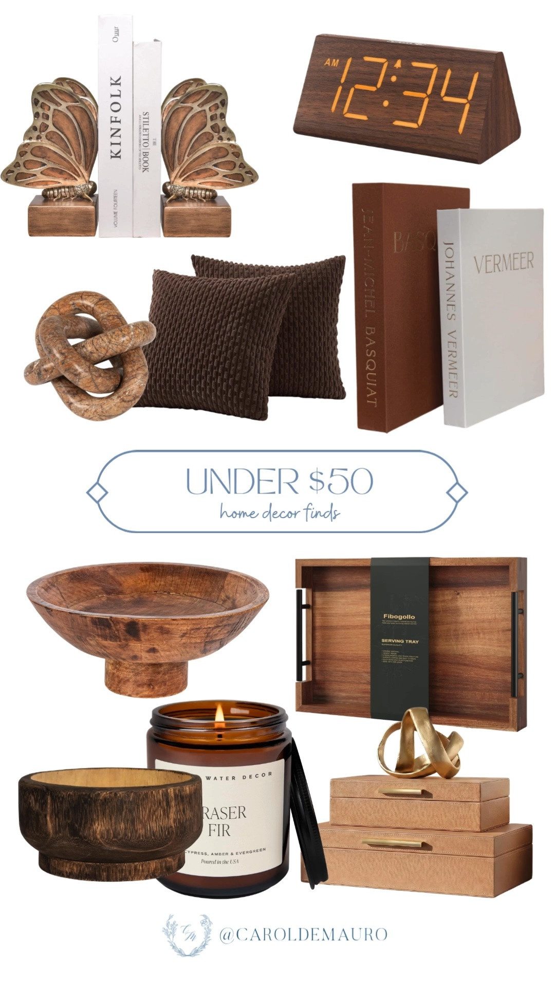 So many pretty home decor finds under $50! Wood bowls, bookends, and cozy candles that add warmth without the splurge.

affordable home decor, budget decor finds, cozy home accents, home decor roundup, fall home styling