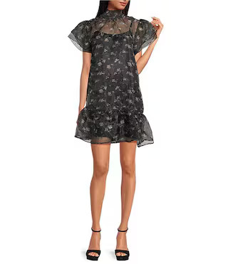 Sugarlips Floral Printed Organza Mock Neck Double Ruffle Short Sleeve Mini Dress | Dillard's | Dillard's