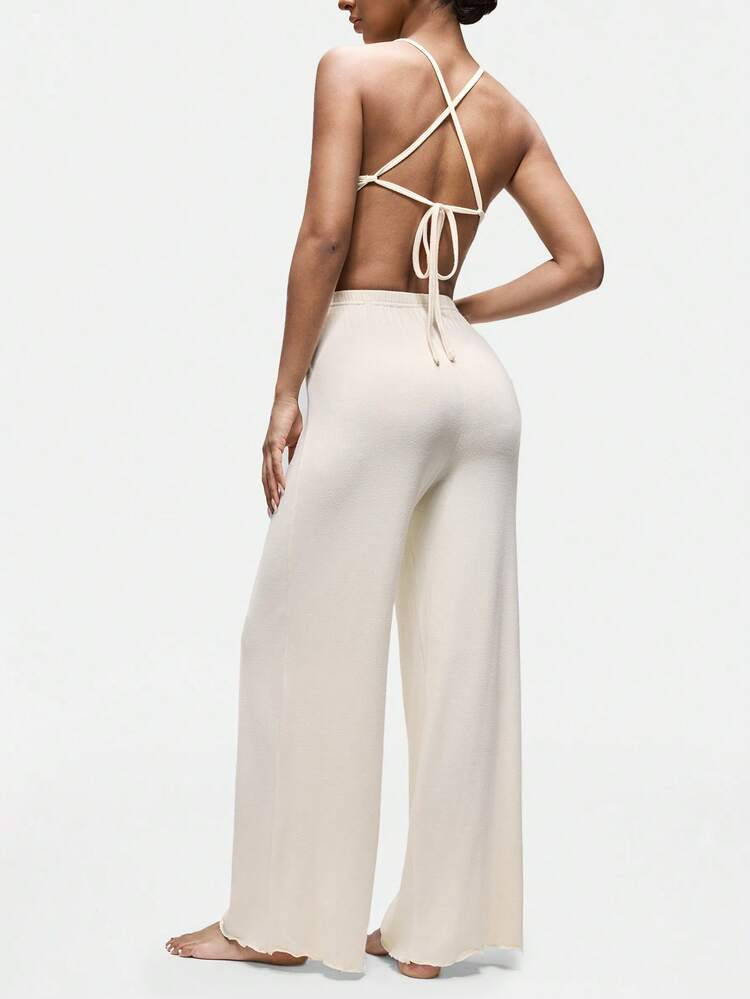 SHAPORA Comfortable Thin Fleece Camisole Wavy Hem Simple Drawstring Wide Leg Pants Casual Homewear Set For Women | SHEIN
