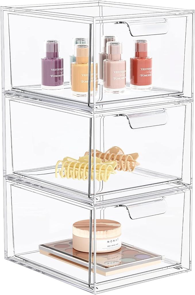 3 Pack Stackable Makeup Organizer and Storage, Acrylic Organizers，Clear Plastic Storage Drawer ... | Amazon (US)