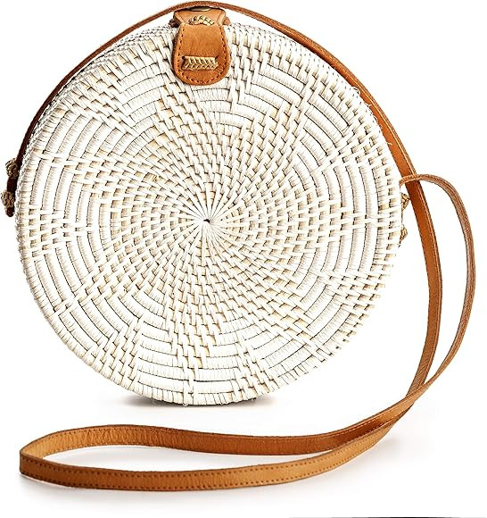 Round Rattan Bag for Women - Handmade Rattan Straw Bags - Wicker Purse - Boho Bag - Round Rattan ... | Amazon (US)