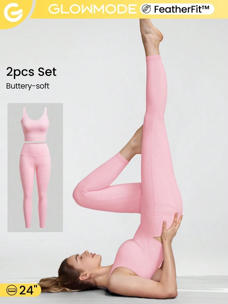 GLOWMODE FeatherFit™ Cropped Active Tank & High-Rise Long Sleeve Leggings Set | SHEIN