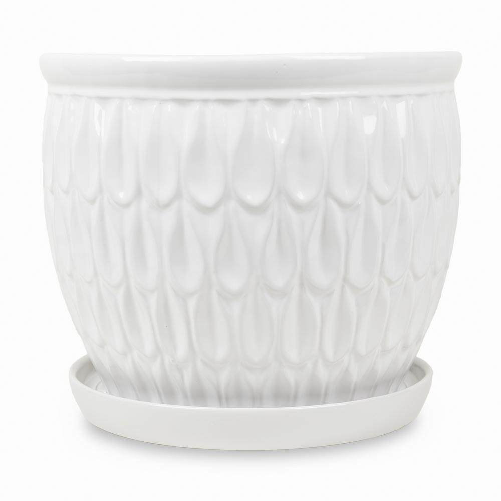 12.25 in. White Ceramic Raindrop Planter with Saucer | The Home Depot