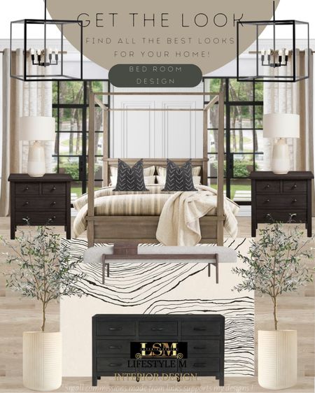Modern Farmhouse Bedroom Design Idea. Recreate the look at home with these furniture and decor find! Black dresser, black night stand, wood canopy bed, black throw pillows, upholstered bench, bed room striped rug, bedroom chandelier, white ceramic tree planter pot, faux fake tree, table lamp. 

#LTKhome #LTKstyletip #LTKFind