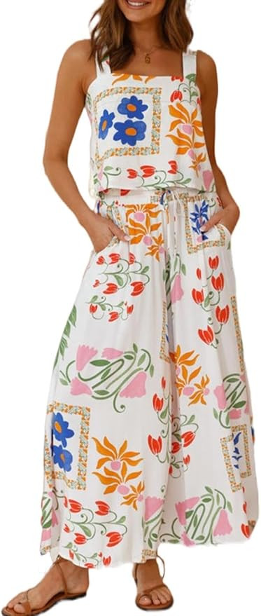 Melliflo Womens Boho Floral Y2k Summer 2 Piece Outfits Square Neck Tank Pants and Wide Leg Pants ... | Amazon (US)