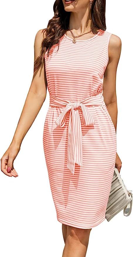 oten Womens Summer Casual Sleeveless Striped T Shirt Dress Crew Neck Tie Waist Bodycon Knee Lengt... | Amazon (US)
