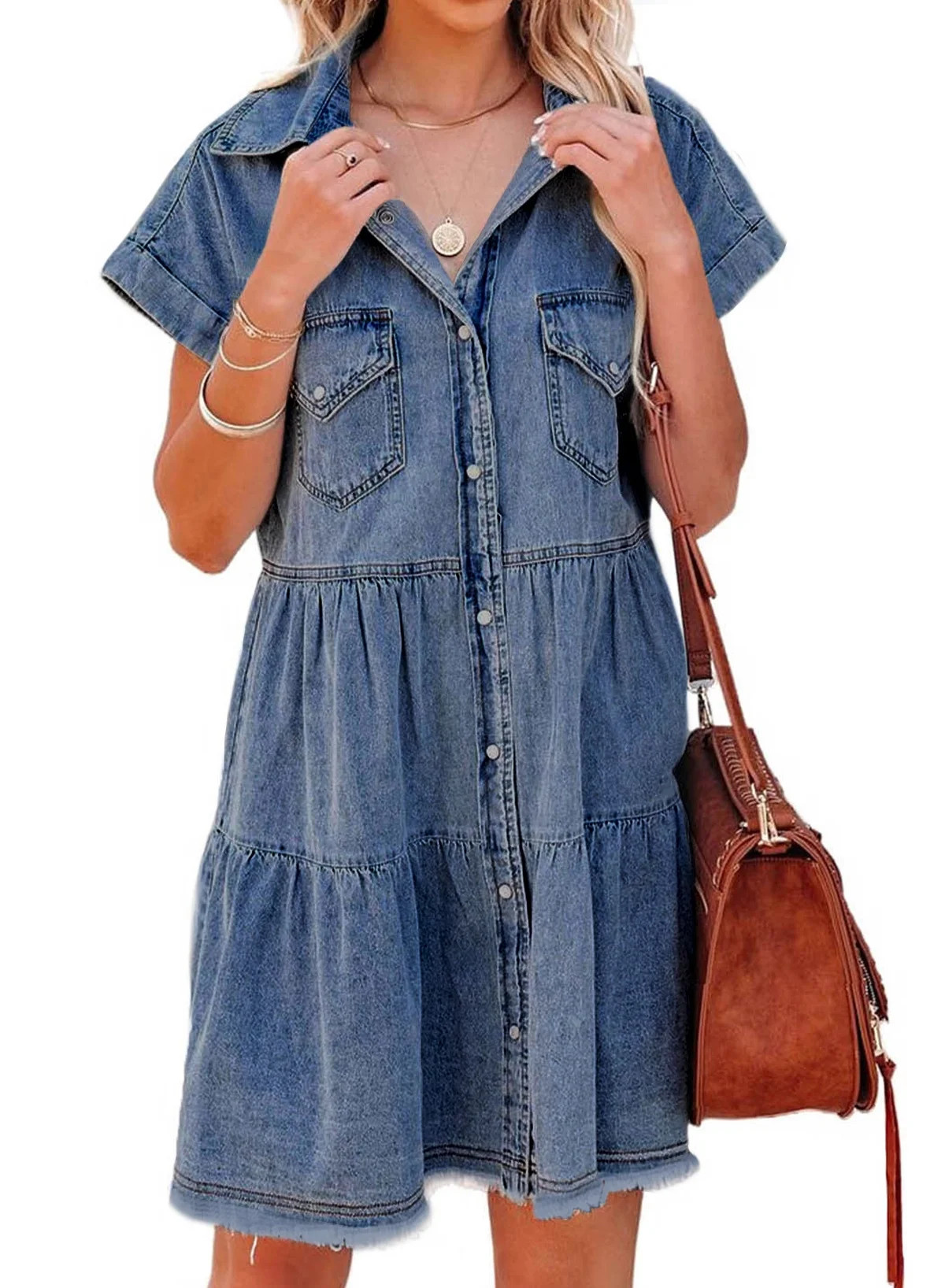 EVALESS Summer Ruffled Frayed Button Down Denim Dresses for Womens Solid Color V Neck Short Sleev... | Walmart (US)