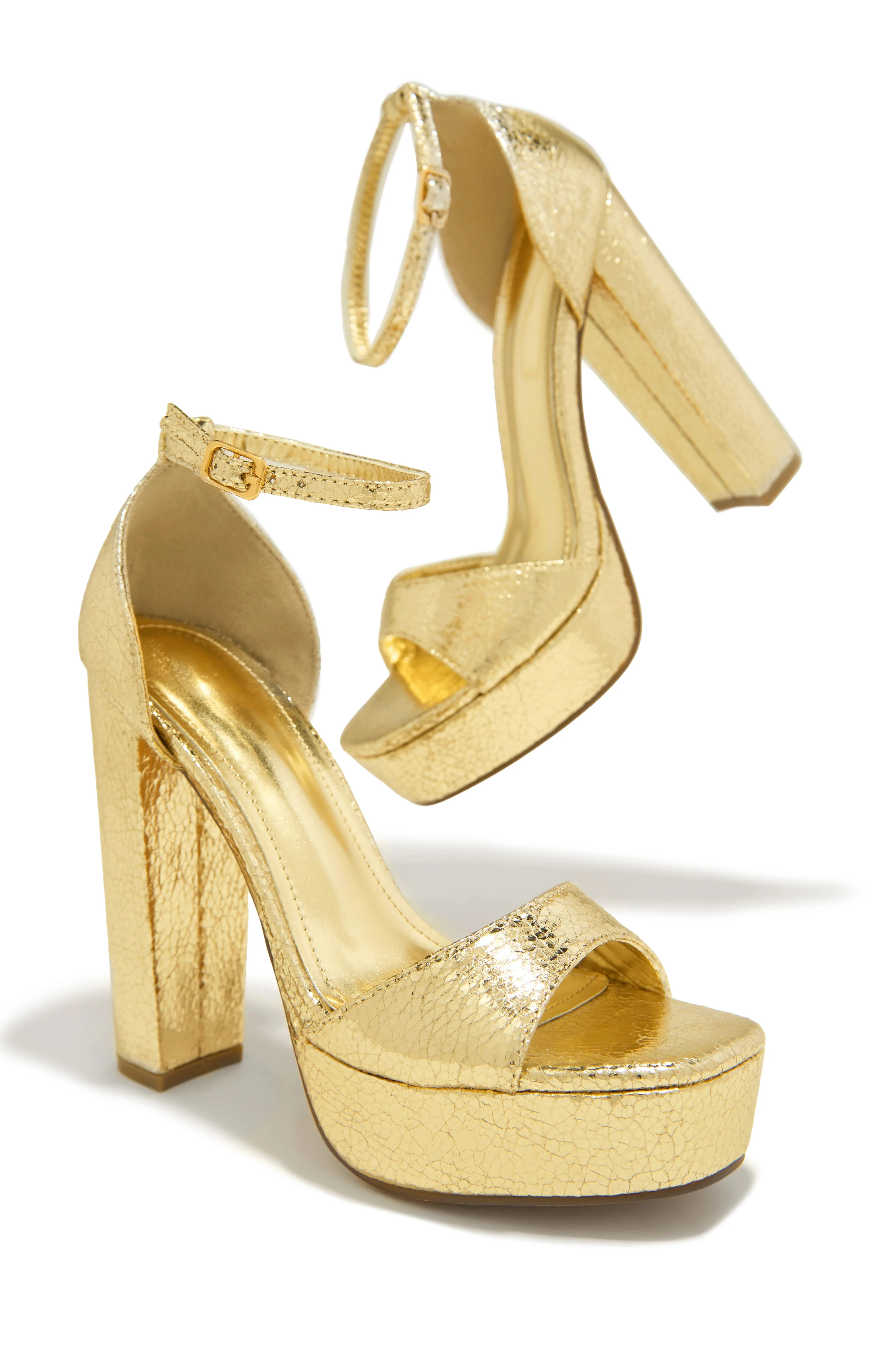 Miss Lola | Party Up Gold Platform Block High Heels | MISS LOLA