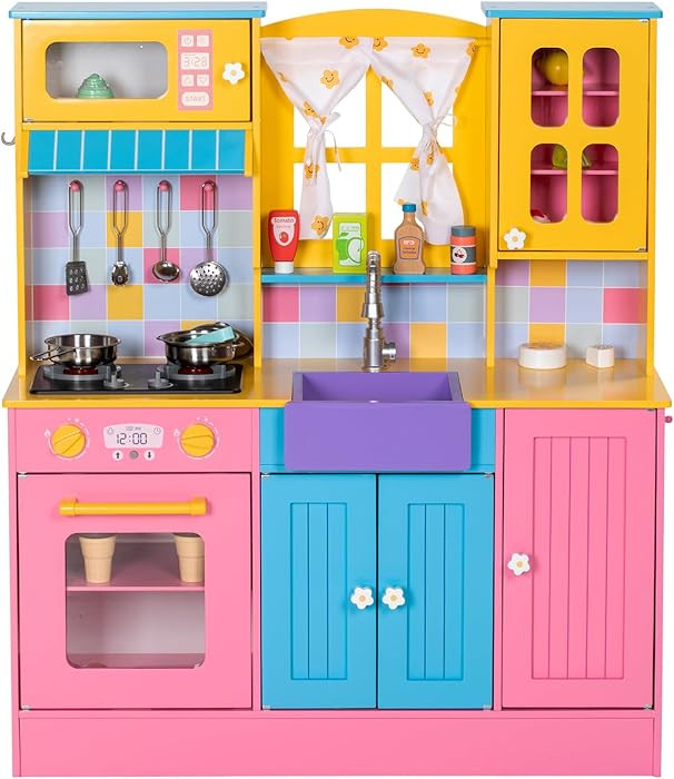 Kids Kitchen Playset, Wooden Pretend Play Kitchen for Kids w/Faucet, Sink, Stove, Oven, Curtains,... | Amazon (US)