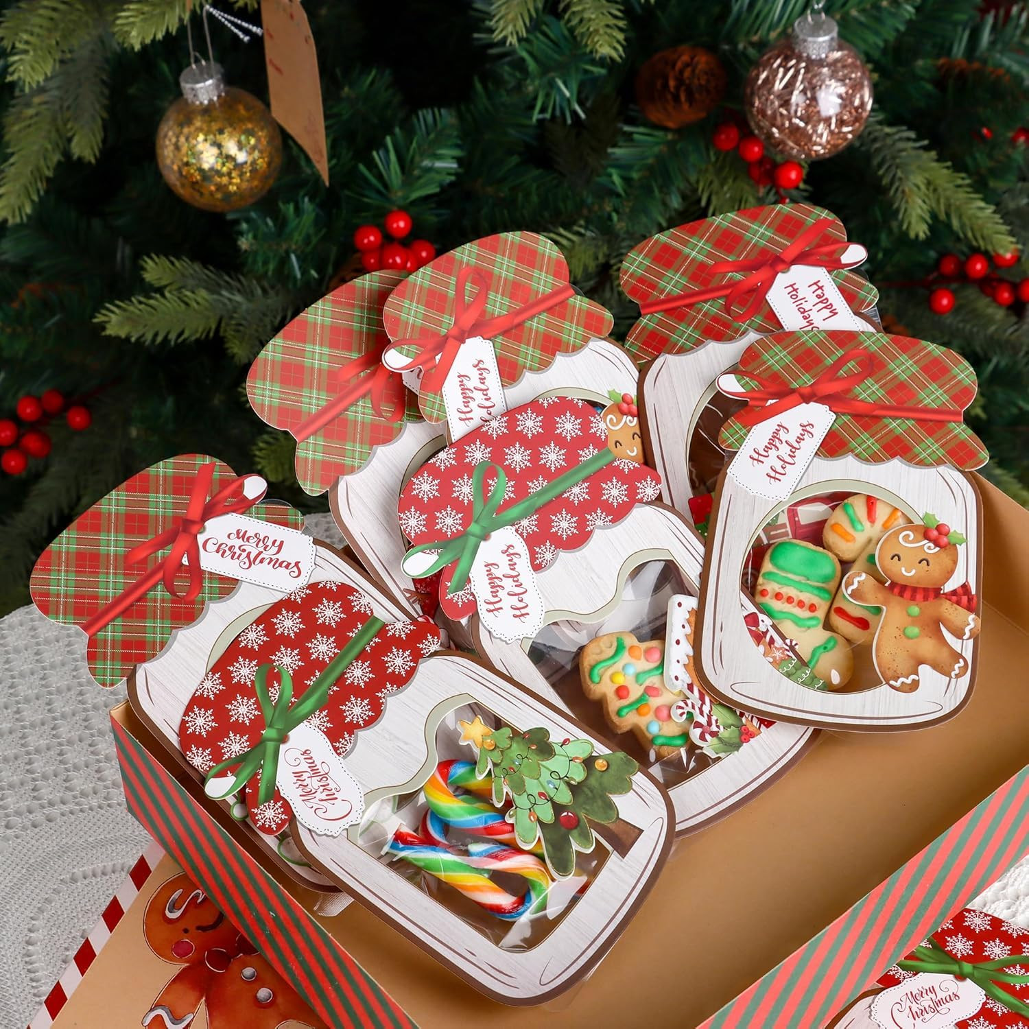 Giiffu 48-Pack Christmas Mason Jar Cards with 50 Clear Treat Bags - DIY Xmas Goodie Bags for Stoc... | Amazon (US)