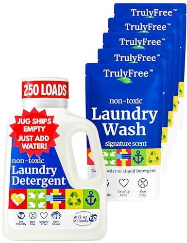 Truly Free Natural Laundry Detergent for Sensitive Skin | Eco Friendly, Plant Based, Baby Clothes Safe | Clean & Easy Powder to Liquid, 5 Pack Detergent + 1 Refillable Jug | Signature Scent 250 Loads | Amazon (US)