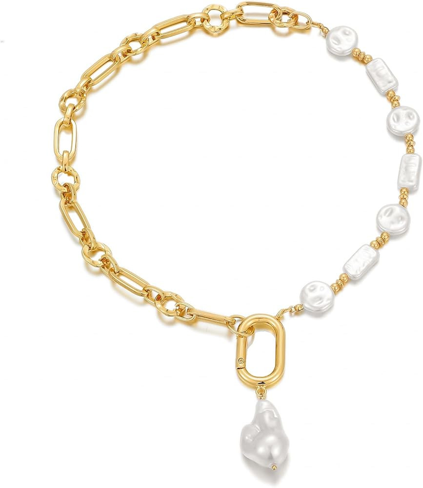 Statement Pearl and Chain Necklace,Mixed Chain and Trendy Organic Pearl Choker,Chunky Necklaces f... | Amazon (US)