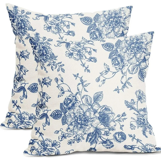 Blue Floral Pillow Covers 18x18 Inch Vintage Flower Blue White Decorative Throw Pillow Covers Set... | Walmart (US)