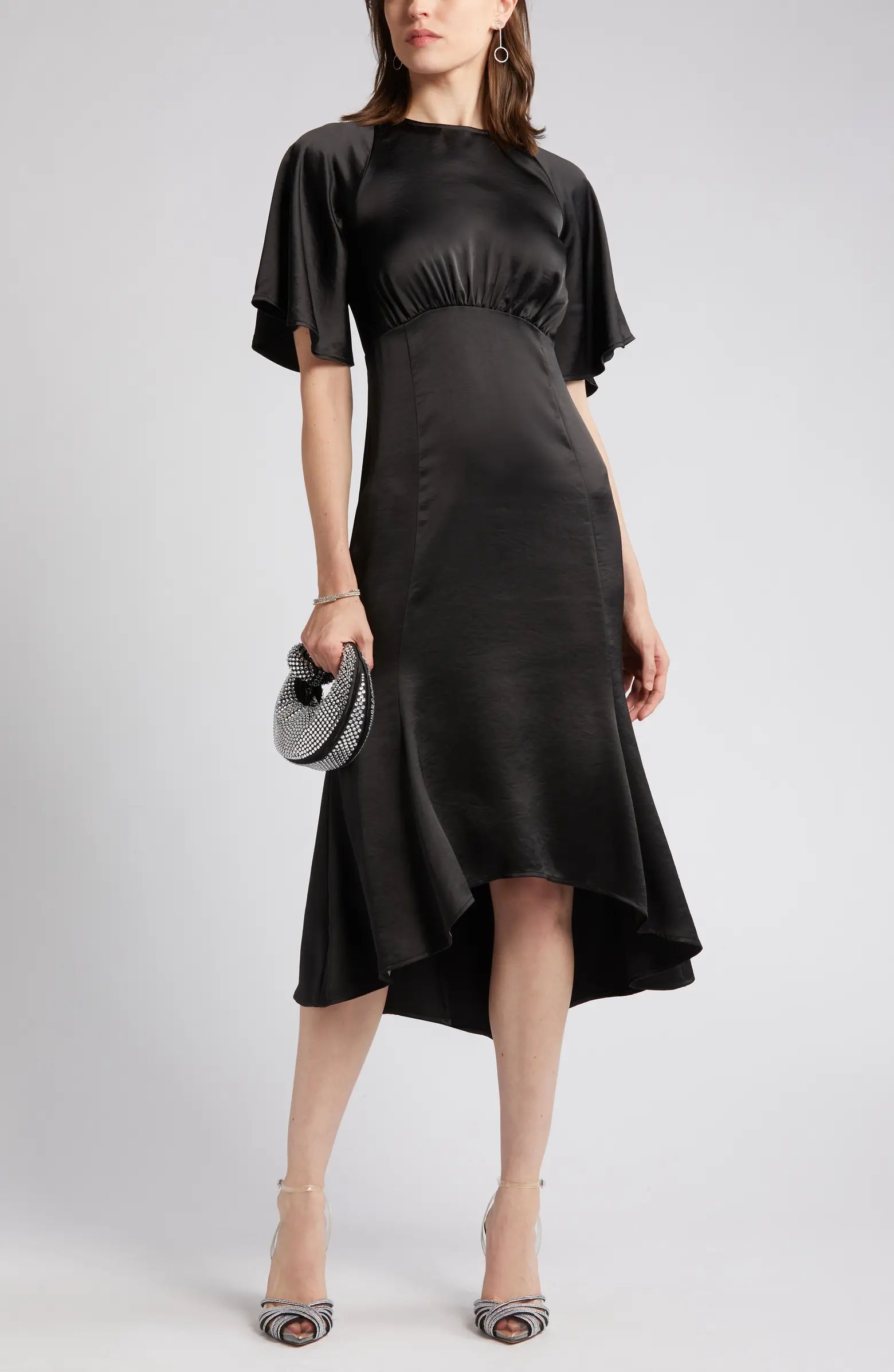 Flutter Sleeve High-Low Satin Midi Dress | Nordstrom