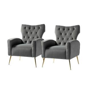 JAYDEN CREATION Brion Grey Accent Wingback Chair with Button Tufted Back (Set of 2) | The Home Depot