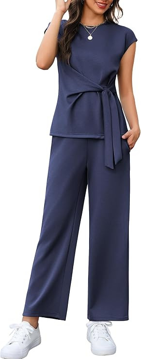 Casly Lamiit Womens 2 Piece Set Casual Cap Sleeve Top with Belted Tie Crop Wide Leg Pants Travel ... | Amazon (US)