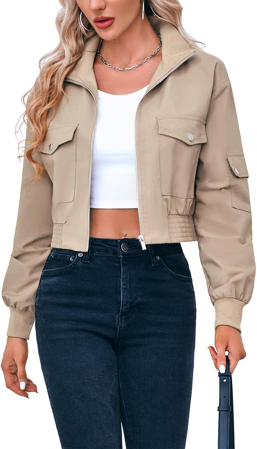 Fisoew Women's Cropped Bomber Jackets Lightweight Zip Up Short Coats | Amazon (US)