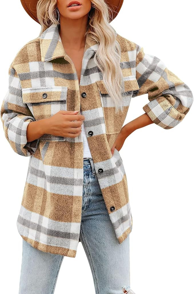 Womens Tops Brushed Plaid Shirts Fashion Lapel Button Down Long Sleeve Jackets Shacket Coats with... | Amazon (US)