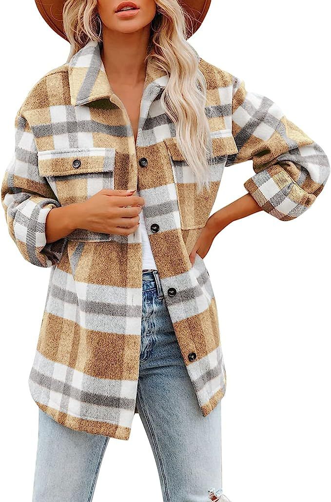 Womens Tops Brushed Plaid Shirts Fashion Lapel Button Down Long Sleeve Jackets Shacket Coats with... | Amazon (US)