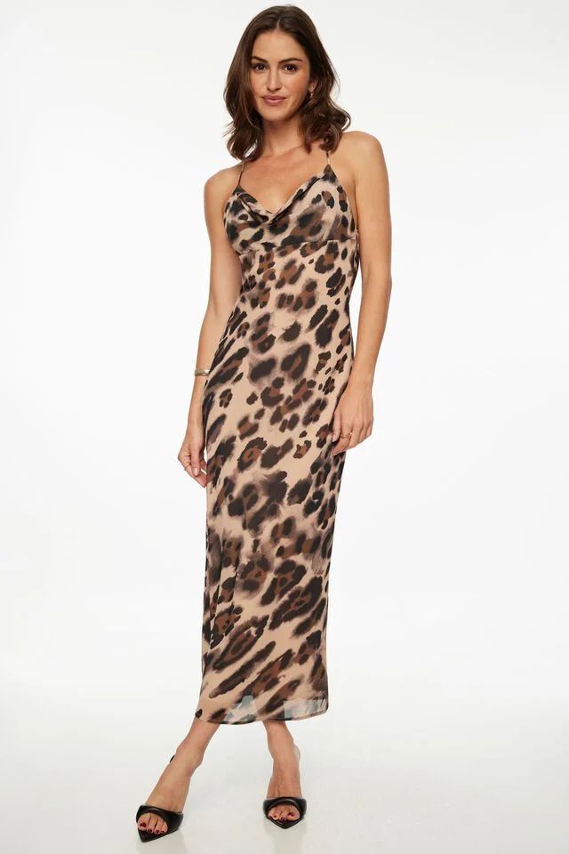 Leopard Cowl Neck Maxi Dress | Dynamite Clothing