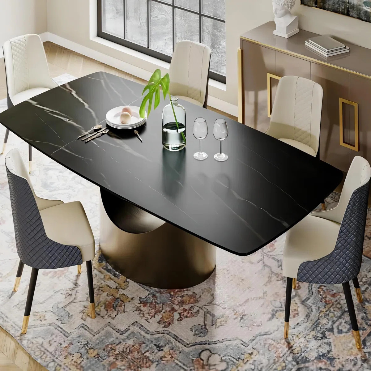Hobart Modern Rectangular Sintered Stone Dining Table with Pedestal Base | Wayfair North America