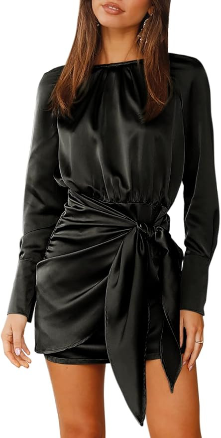 ANRABESS Women Casual Long Sleeve Crewneck Ruched Wrap Short Party Dress Tie Waist Satin Cocktail... | Amazon (US)