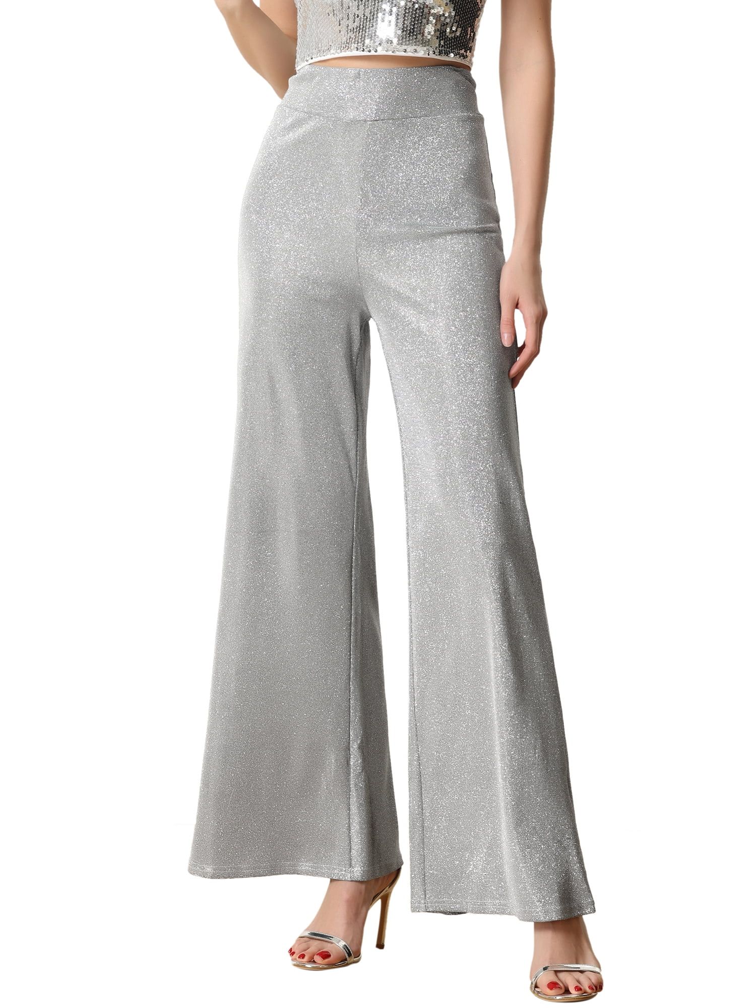 Allegra K Metallic Sparkly High Waist Wide Leg Pants for Women's Trousers Clubwear - Walmart.com | Walmart (US)