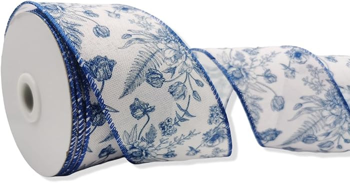 Vintage Chinese Style Wired Edge Floral Fabric Ribbon 2.5 Inches 10 Yards, Blue Decorative Ribbon... | Amazon (US)