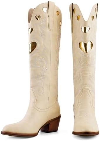Cowboy Boots for Women Wide Calf Round Toe Chunky Stacked Heel Knee High Cowgirl Boot Heart Patte... | Amazon (US)