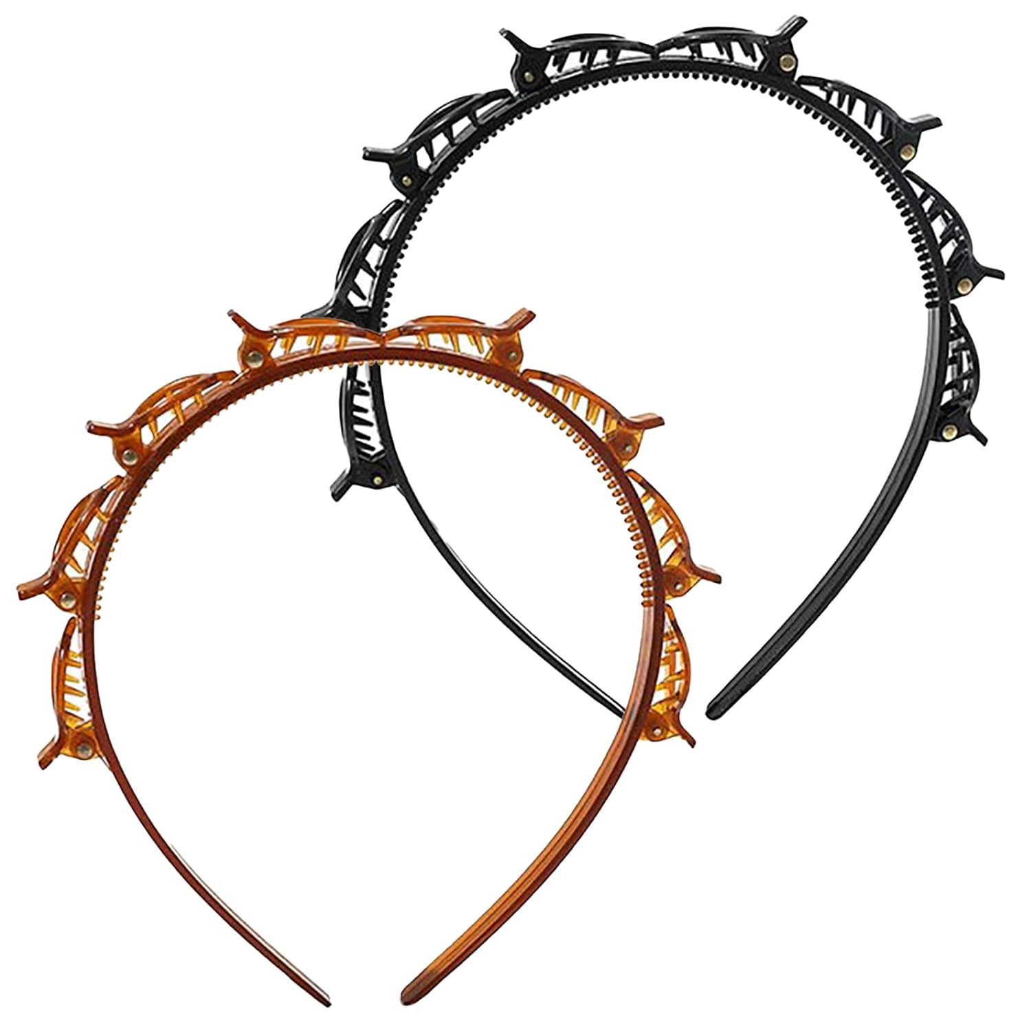 CoguZed 2 Pack Clip Headbands for Women, Double Layer Toothed Hairband with Clips Attached, Multi-functional Hairband for Braided Styling, Black & Brown | Amazon (US)