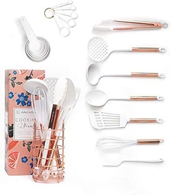 White and Copper Cooking Utensils Set with Holder - 18-Piece Copper Kitchen Utensils Set Includes... | Amazon (US)