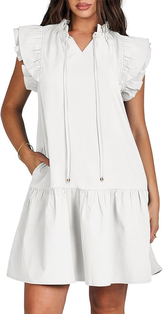 ANRABESS Womens Summer V-Neck Drawstring Ruffle Cap Short Sleeve Casual Shift Mini Dress with Poc... | Amazon (US)